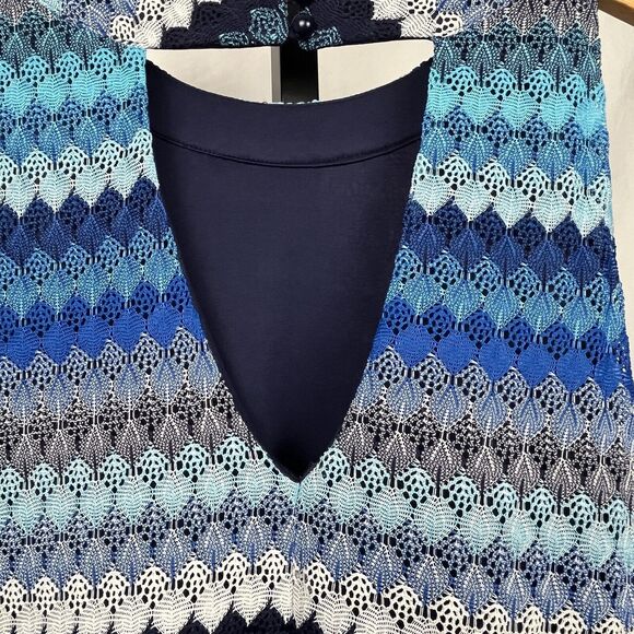 Roxberi Dress Large Crochet Zig Zag Blue Knit V Back Trapeze Shift Knee Length - Picture 4 of 7